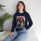 Mystic Mask Flames Graphic Unisex Heavy Blend Crewneck Sweatshirt Hustler Streetwear Motivational Dark Mystery Bold Fire Design