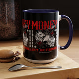 Money Ambition Accent Coffee Mug 11oz 15oz Black Ceramic Cup with Bold Red Typography and Cash Stack Design for Entrepreneurs and Hustlers