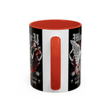 Money Bright Accent Coffee Mug 11oz 15oz Black Ceramic Gothic Angel Statue Design with Red Neon Artwork for Hustlers and Bold Thinkers