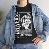 Universe Beyond The Cosmos Unisex Heavy Cotton Tee Graphic Black T Shirt Skeleton Hand Space Infinity Streetwear Futuristic Sci Fi Artistic Fashion Outfit