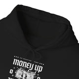 Money Up In Flames Unisex Heavy Blend Hooded Sweatshirt Graphic Hoodie Black Bold Hustle Fire Money Design Streetwear Entrepreneur Alpha Mindset Wealth Fashion