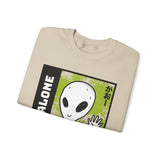 Unisex Not Alone Alien Crewneck Sweatshirt UFO Cartoon Graphic Pullover Extraterrestrial Sci Fi Space Themed Conspiracy Inspired Paranormal Streetwear