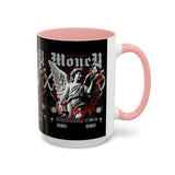 Money Bright Angel Accent Coffee Mug 11oz 15oz Gothic Statue Black Ceramic Cup with Red Flames and Cash Design for Hustlers