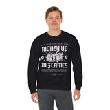 Money Up In Flames Unisex Heavy Blend Crewneck Sweatshirt Graphic Pullover Black Hustler Fire Money Design Bold Streetwear Entrepreneur Alpha Mindset Wealth Fashion