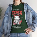 Waste Your Time Unisex Heavy Cotton Tee Graphic Black T Shirt Motivational Hustle Money Clock Streetwear Bold Entrepreneur Mindset Fashion Outfit