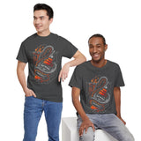 Inferno Spirit Fiery Dragon Whiskey Bottle Unisex Heavy Cotton Tee Bold Biker Streetwear Artistic Snake Flame Design Symbol of Power Energy and Rebellion Graphic Shirt