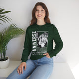 Universe Beyond The Cosmos Unisex Heavy Blend Crewneck Sweatshirt Graphic Pullover Black Skeleton Hand Space Infinity Streetwear Futuristic Sci Fi Artistic Fashion Outfit