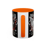 Money Bright Accent Coffee Mug 11oz 15oz Black Ceramic Gothic Angel Statue Design with Red Neon Artwork for Hustlers and Bold Thinkers