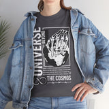 Universe Beyond The Cosmos Unisex Heavy Cotton Tee Graphic Black T Shirt Skeleton Hand Space Infinity Streetwear Futuristic Sci Fi Artistic Fashion Outfit