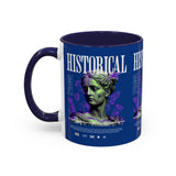 Historical Accent Coffee Mug 11oz 15oz Black Ceramic Cup with Greek Goddess Statue and Purple Floral Design for Art and History Lovers