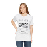 White Mid Engine Sports Coupe Blueprint Artwork Unisex Heavy Cotton Tee High Performance Inspired Streetwear Graphic Shirt For Car Enthusiasts And Automotive Art Fans