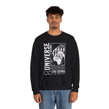 Universe Beyond The Cosmos Unisex Heavy Blend Crewneck Sweatshirt Graphic Pullover Black Skeleton Hand Space Infinity Streetwear Futuristic Sci Fi Artistic Fashion Outfit
