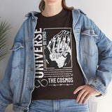 Universe Beyond The Cosmos Unisex Heavy Cotton Tee Graphic Black T Shirt Skeleton Hand Space Infinity Streetwear Futuristic Sci Fi Artistic Fashion Outfit