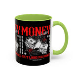 Money Ambition Accent Coffee Mug 11oz 15oz Black Ceramic Cup with Bold Red Typography and Cash Stack Design for Entrepreneurs and Hustlers