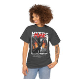 Mystic Mask Flames Graphic Unisex Heavy Cotton Tee Hustler Streetwear Motivational Dark Mystery Bold Design