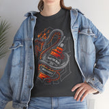 Inferno Spirit Fiery Dragon Whiskey Bottle Unisex Heavy Cotton Tee Bold Biker Streetwear Artistic Snake Flame Design Symbol of Power Energy and Rebellion Graphic Shirt