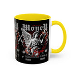 Money Bright Angel Accent Coffee Mug 11oz 15oz Gothic Statue Black Ceramic Cup with Red Flames and Cash Design for Hustlers