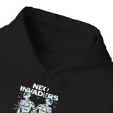 Neo Invaders Futuristic Holographic Graphic Unisex Heavy Blend Hooded Sweatshirt Sci Fi Cyberpunk Streetwear Bold Statement Hoodie