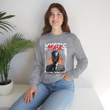 Mystic Mask Flames Graphic Unisex Heavy Blend Crewneck Sweatshirt Hustler Streetwear Motivational Dark Mystery Bold Fire Design