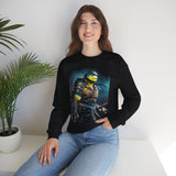 Urban Warrior Samurai Heavy Fleece Crewneck Sweatshirt Blue Energy Armor Design Bold Fighter Strength Streetwear for Fearless Achievers and Mindset Champions