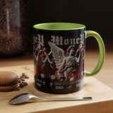 Money Bright Angel Accent Coffee Mug 11oz 15oz Gothic Statue Black Ceramic Cup with Red Flames and Cash Design for Hustlers