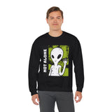 Not Alone Alien Unisex Crewneck Sweatshirt UFO Cartoon Graphic Pullover Extraterrestrial Sci Fi Space Themed Conspiracy Inspired Paranormal Streetwear