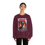 Mystic Mask Flames Graphic Unisex Heavy Blend Crewneck Sweatshirt Hustler Streetwear Motivational Dark Mystery Bold Fire Design