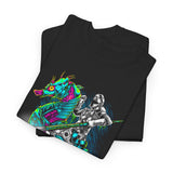 Seahorse Knight Neon Warrior Unisex Heavy Cotton Tee Futuristic Cyberpunk Fantasy Streetwear T Shirt Vibrant Medieval Armor Design Perfect For Gamers Dreamers And Art Lovers