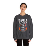 Unisex Heavy Blend Crewneck Sweatshirt Humble Angel Statue Graphic Pullover Streetwear Fire Print Bold Motivational Urban Fashion Outfit