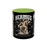 Hermes Accent Coffee Mug 11oz 15oz Black Ceramic Mythology Cup with Greek God Winged Statue Design for History Lovers and Art Enthusiasts