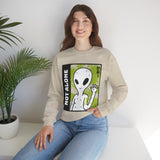 Unisex Not Alone Alien Crewneck Sweatshirt UFO Cartoon Graphic Pullover Extraterrestrial Sci Fi Space Themed Conspiracy Inspired Paranormal Streetwear