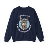 Look At Me I Wish You Good Luck Funny Donkey Unisex Sweatshirt Hilarious Cartoon Graphic Pullover Positive Vibes Humor Design Cozy Casual Wear Gift Idea