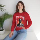 Mystic Mask Flames Graphic Unisex Heavy Blend Crewneck Sweatshirt Hustler Streetwear Motivational Dark Mystery Bold Fire Design