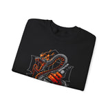 Inferno Spirit Fiery Dragon Whiskey Bottle Unisex Heavy Blend Crewneck Sweatshirt Bold Artistic Streetwear Tattoo Flame Design Symbol of Power Energy and Rebellion for Bikers and Creators