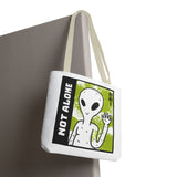 Not Alone Alien Tote Bag Sci Fi Extraterrestrial UFO Design Canvas Bag Space Lover Reusable Eco Friendly Durable Shopping Travel Lifestyle Tote