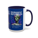 Historical Accent Coffee Mug 11oz 15oz Black Ceramic Cup with Greek Goddess Statue and Purple Floral Design for Art and History Lovers