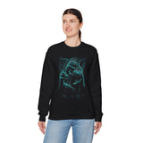 Prehistoric Thunder Unisex Crewneck Sweatshirt Electric Blue Neon Raptor Storm Design Bold Streetwear for Dino Lovers Artists and Urban Dreamers