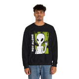 Not Alone Alien Unisex Crewneck Sweatshirt UFO Cartoon Graphic Pullover Extraterrestrial Sci Fi Space Themed Conspiracy Inspired Paranormal Streetwear