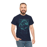 Prehistoric Thunder Unisex Heavy Cotton Tee Neon Raptor Design Electric Blue Lightning Artwork Bold Streetwear Statement For Dinosaur Lovers And Retro Art Fans