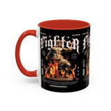 Fighter Accent Coffee Mug 11oz 15oz Black Ceramic Cup with Greek Warrior Statue and Flames Design for Hustlers and Motivated Minds
