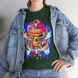 Flaming Pirate Skull Unisex Heavy Cotton Tee Bold Nautical Skull Streetwear T Shirt Fiery Gothic Rebellion Design Perfect For Bikers Gamers Artists And Metal Lovers