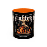 Fighter Accent Coffee Mug 11oz 15oz Black Ceramic Cup with Greek Warrior Statue and Flames Design for Hustlers and Motivated Minds