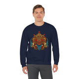 Unisex Mythical Tribal Mask Crewneck Sweatshirt Heavy Blend Pullover Cultural Warrior Spirit Inspired Festival Graphic Art Streetwear Top
