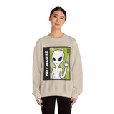 Unisex Not Alone Alien Crewneck Sweatshirt UFO Cartoon Graphic Pullover Extraterrestrial Sci Fi Space Themed Conspiracy Inspired Paranormal Streetwear