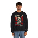 Haunted Warrior Unisex Heavy Blend Crewneck Sweatshirt Graphic Pullover Black Samurai Ninja Fighter Bold Red Streetwear Futuristic Artistic Fashion Outfit