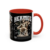 Hermes Accent Coffee Mug 11oz 15oz Black Ceramic Mythology Cup with Greek God Winged Statue Design for History Lovers and Art Enthusiasts