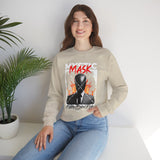 Mystic Mask Flames Graphic Unisex Heavy Blend Crewneck Sweatshirt Hustler Streetwear Motivational Dark Mystery Bold Fire Design