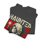 Haunted Warrior Unisex Heavy Cotton Tee Graphic Black T Shirt Bold Red Samurai Ninja Inspired Futuristic Streetwear Artistic Fashion Outfit