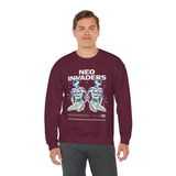 Neo Invaders Futuristic Holographic Graphic Unisex Heavy Blend Crewneck Sweatshirt Sci Fi Cyberpunk Streetwear Bold Statement Pullover
