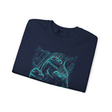 Prehistoric Thunder Unisex Crewneck Sweatshirt Electric Blue Neon Raptor Storm Design Bold Streetwear for Dino Lovers Artists and Urban Dreamers